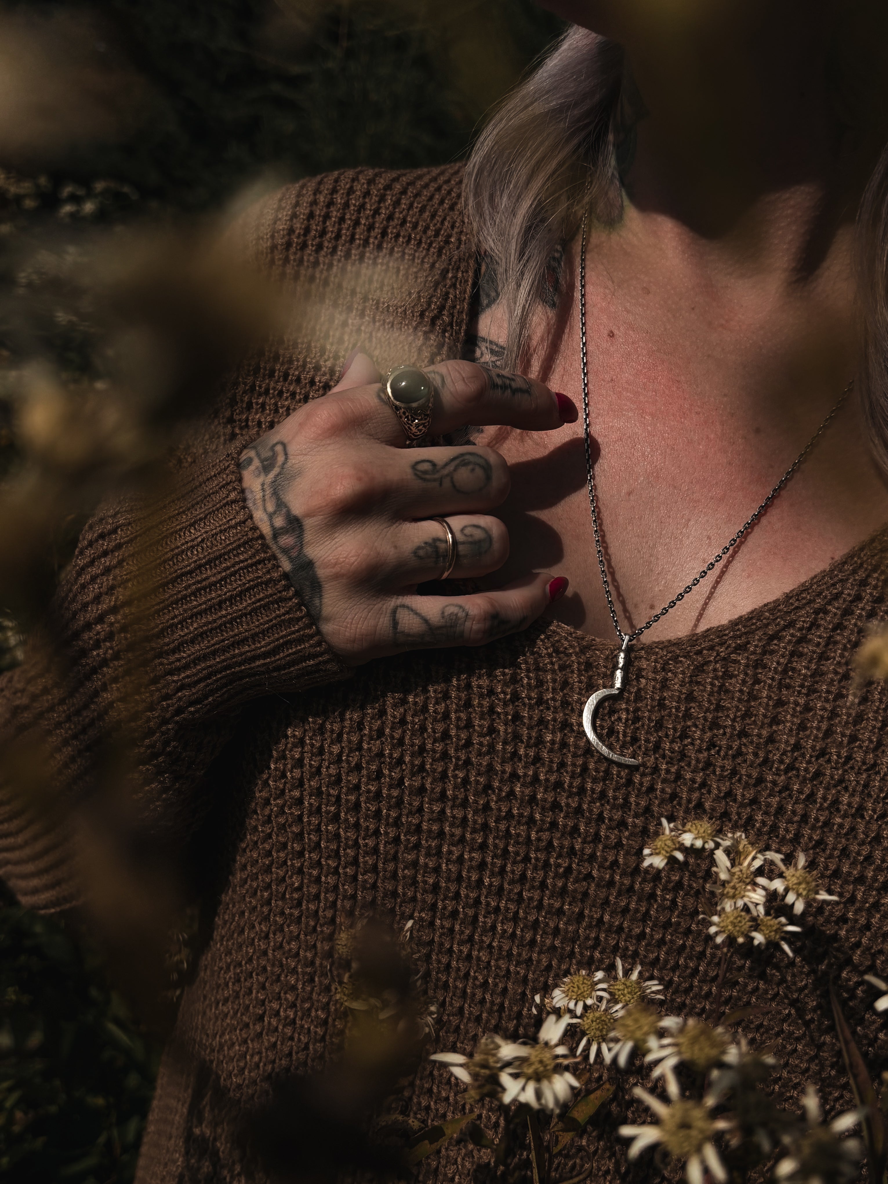 Sombre Moisson Sickle Pendant LIMITED Pre Orders - Silver Witchy Fall Harvest Necklace