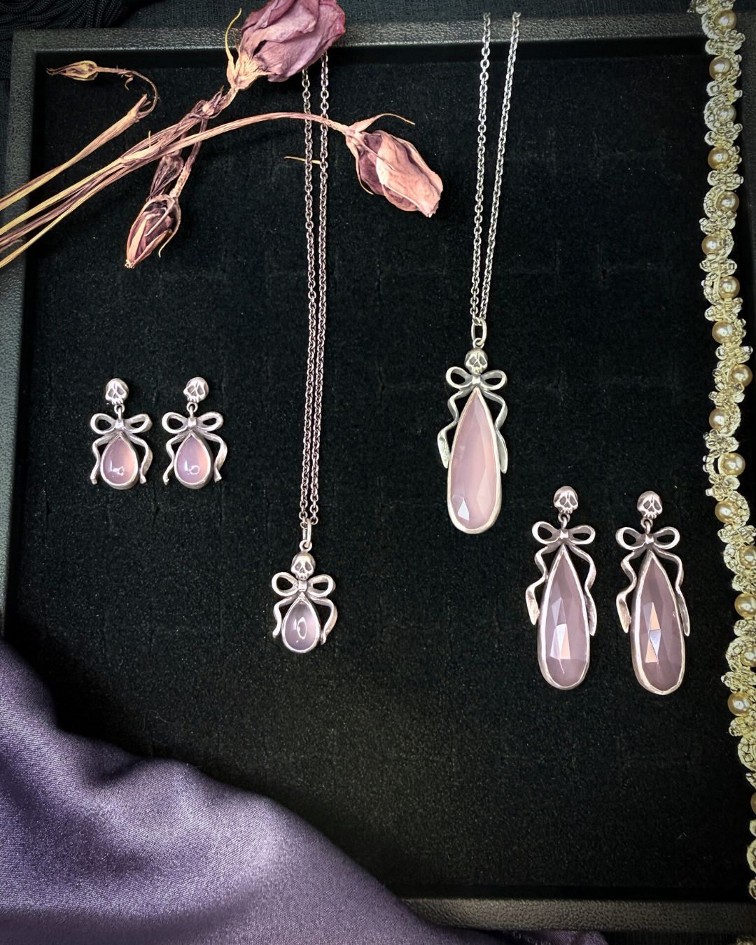 Small Pink Chalcedony Death by Ribbons Earrings - Uneven X Olivia Faust